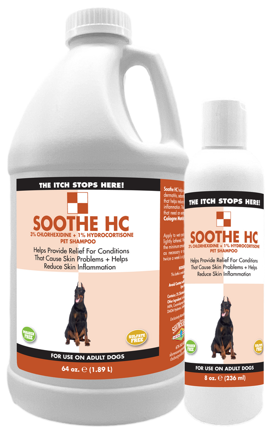 HC Medicated Pet Shampoo in two sizes, 1 gallon and 8 ounce bottle. 