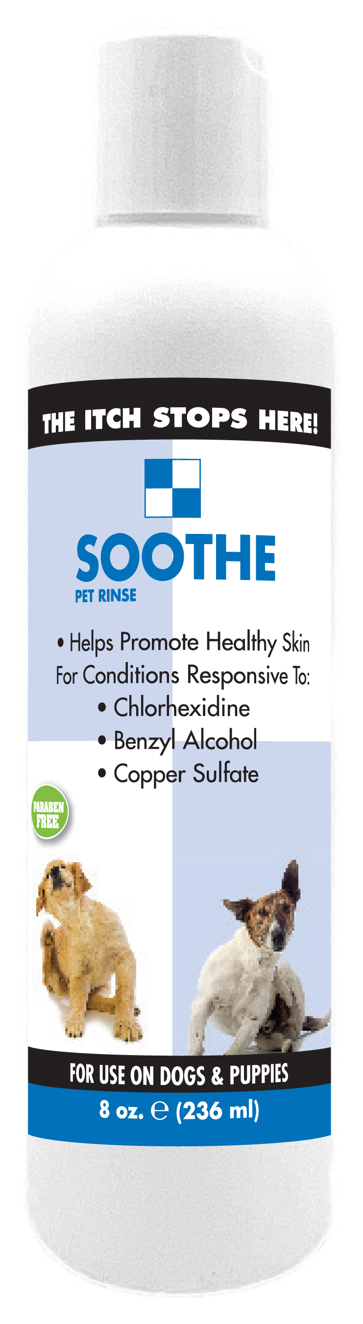Soothe pet rinse conditioner in 8 ounce bottle. 