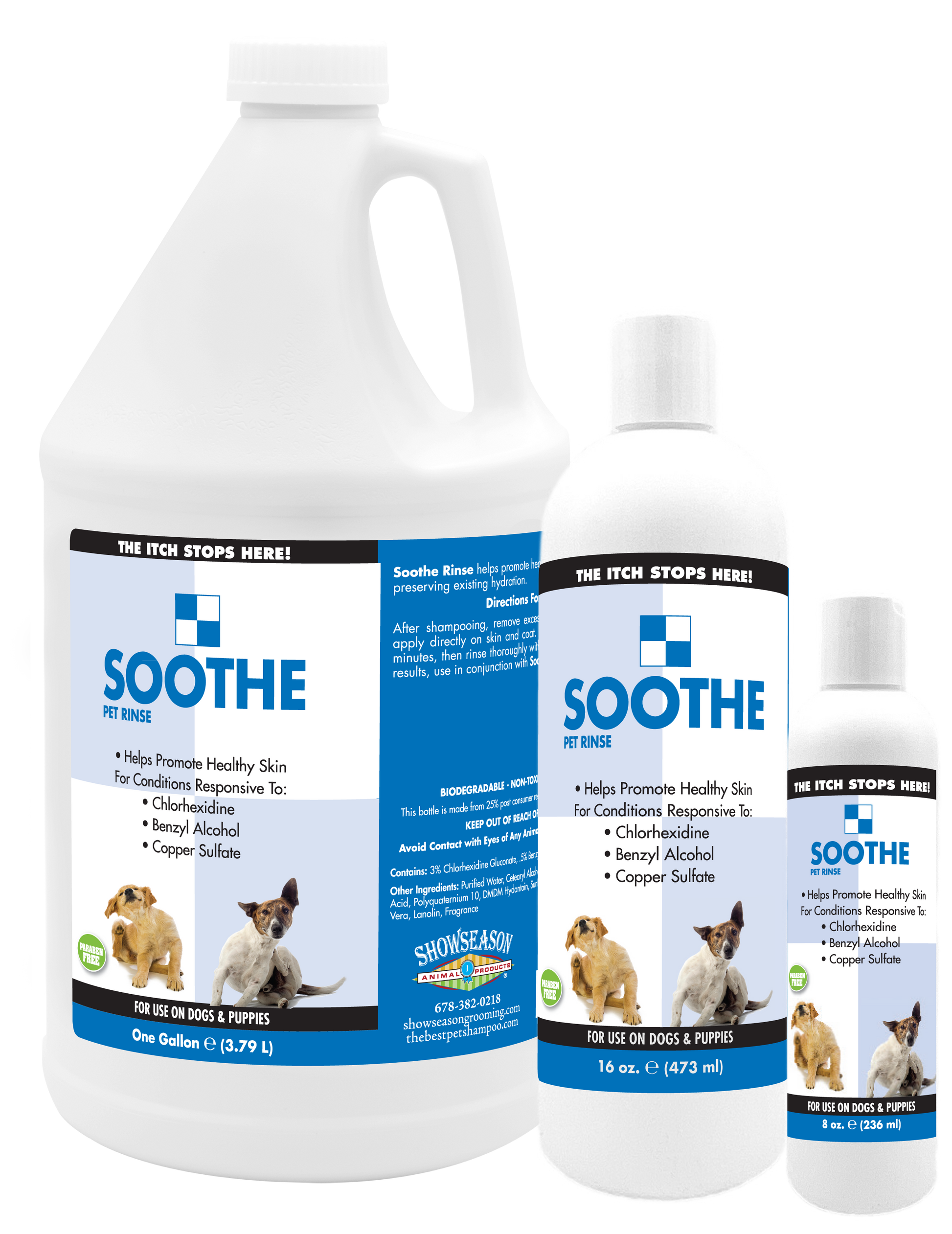 Soothe Pet Rinse Conditioner in 3 sizes, 1 gallon. 15 ounce, and 8 ounce bottle. 
