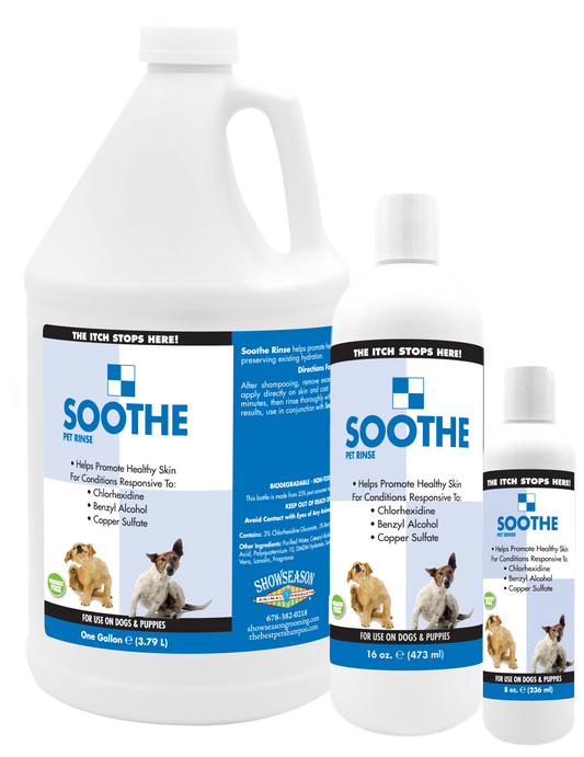 Soothe Pet Rinse Conditioner in 3 sizes, 1 gallon. 15 ounce, and 8 ounce bottle. 