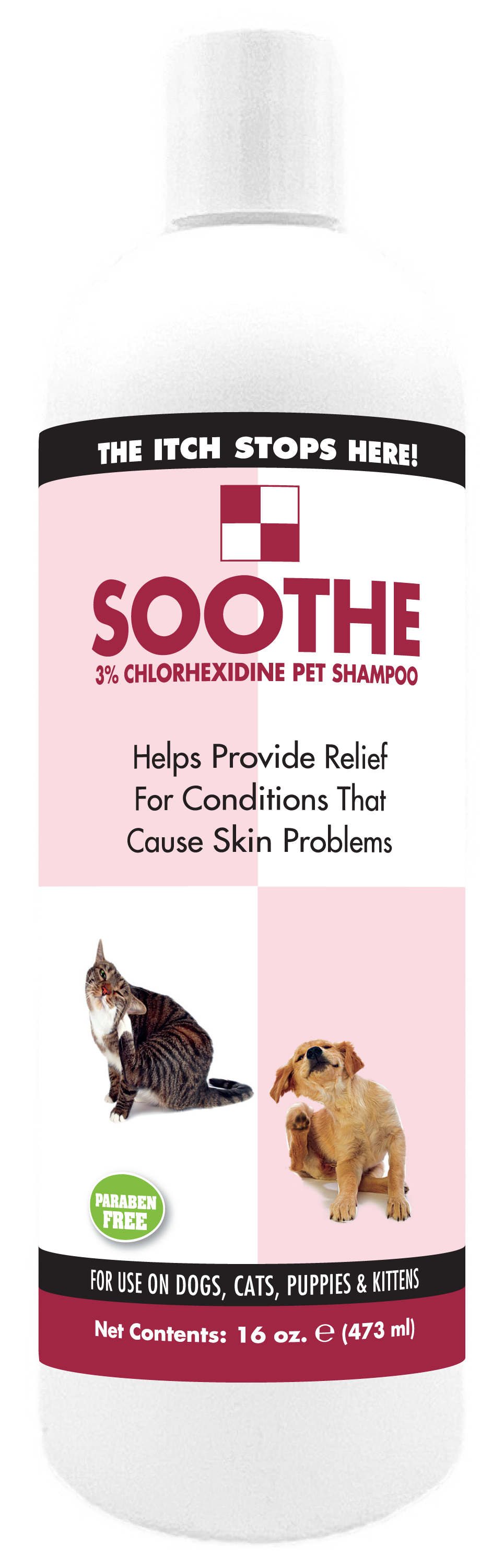 Soothe Pet Shampoo in 16 ounce bottle. 