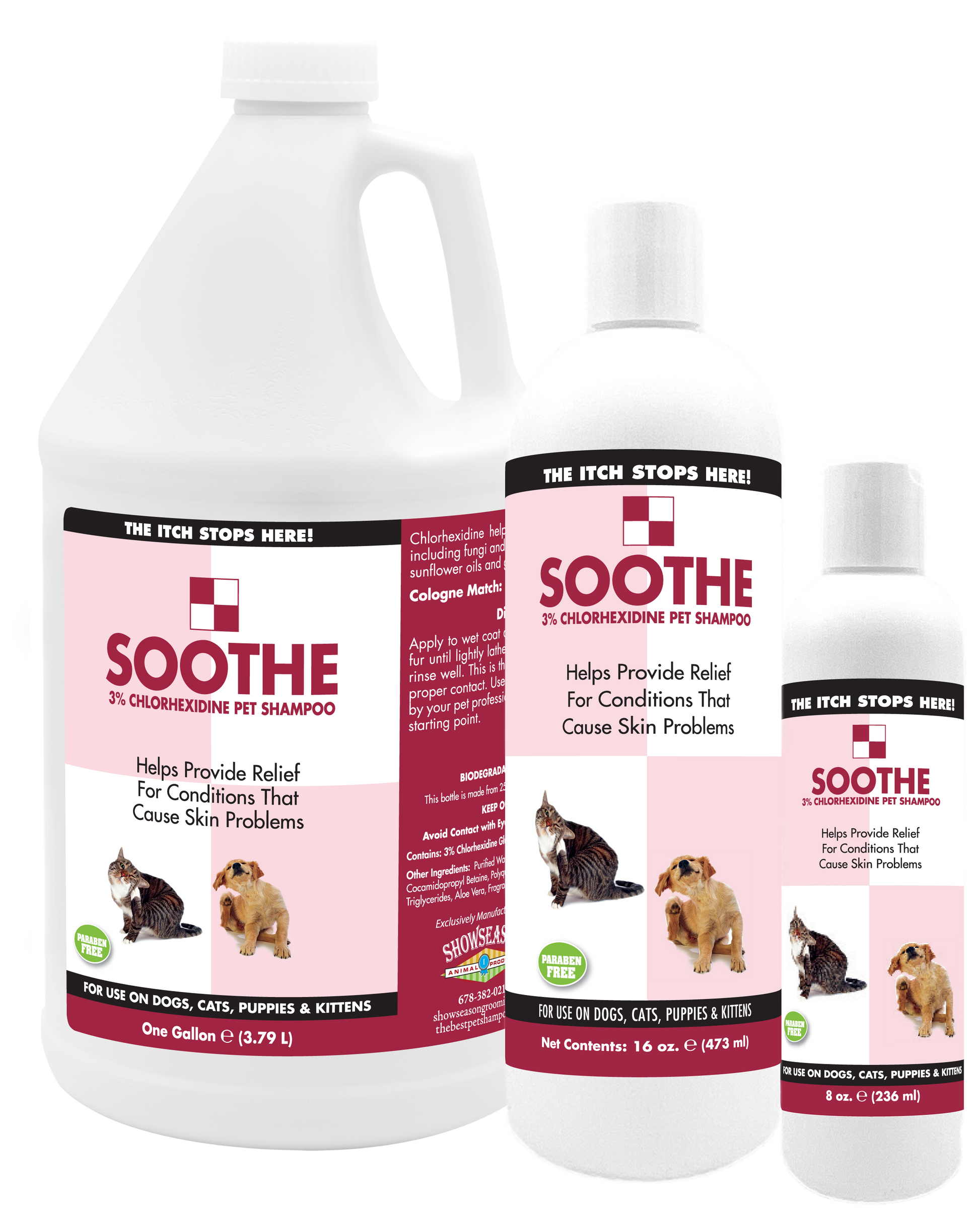 Soothe Pet Shampoo in three sized bottles, 1 gallon, 16 ounces, and 8 ounces. 