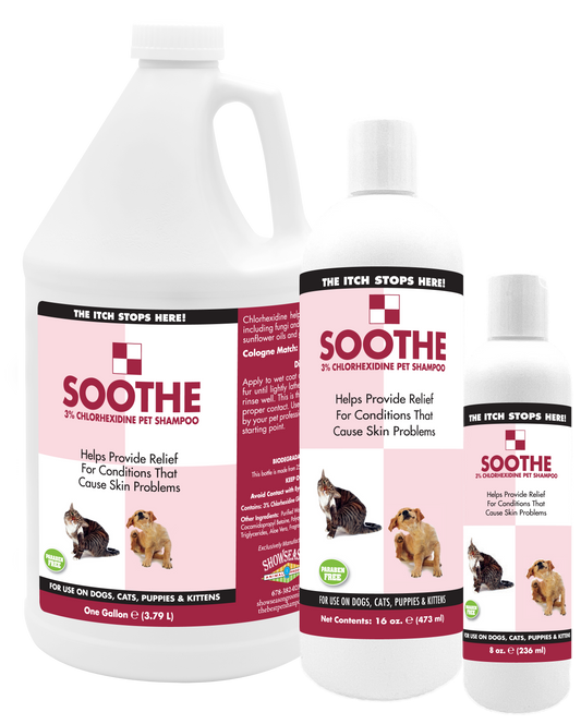 Soothe Pet Shampoo in three sized bottles, 1 gallon, 16 ounces, and 8 ounces. 