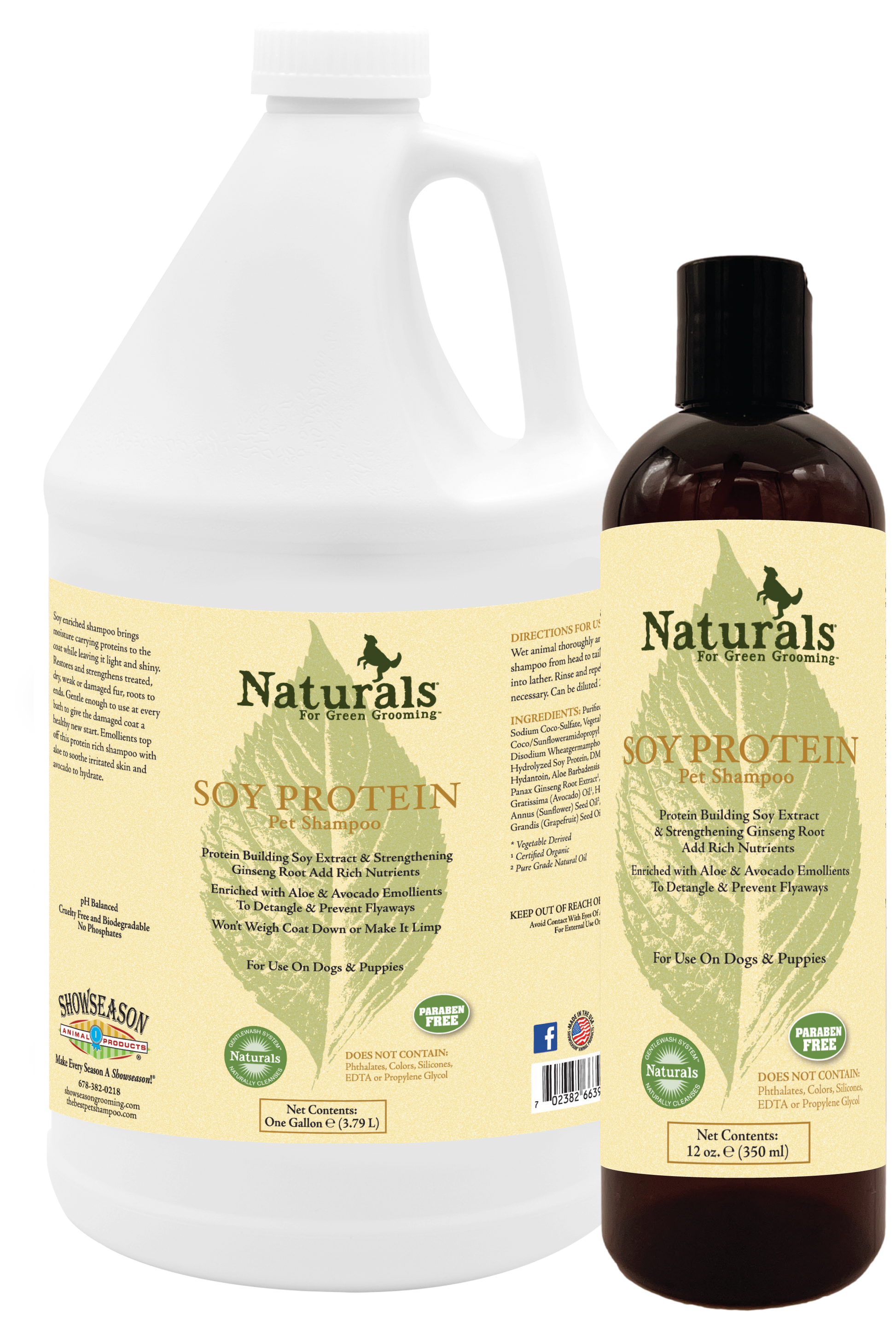 Naturals for Green Grooming Soy Protein Pet Shampoo in two sizes 1 gallon and 12 ounces. 