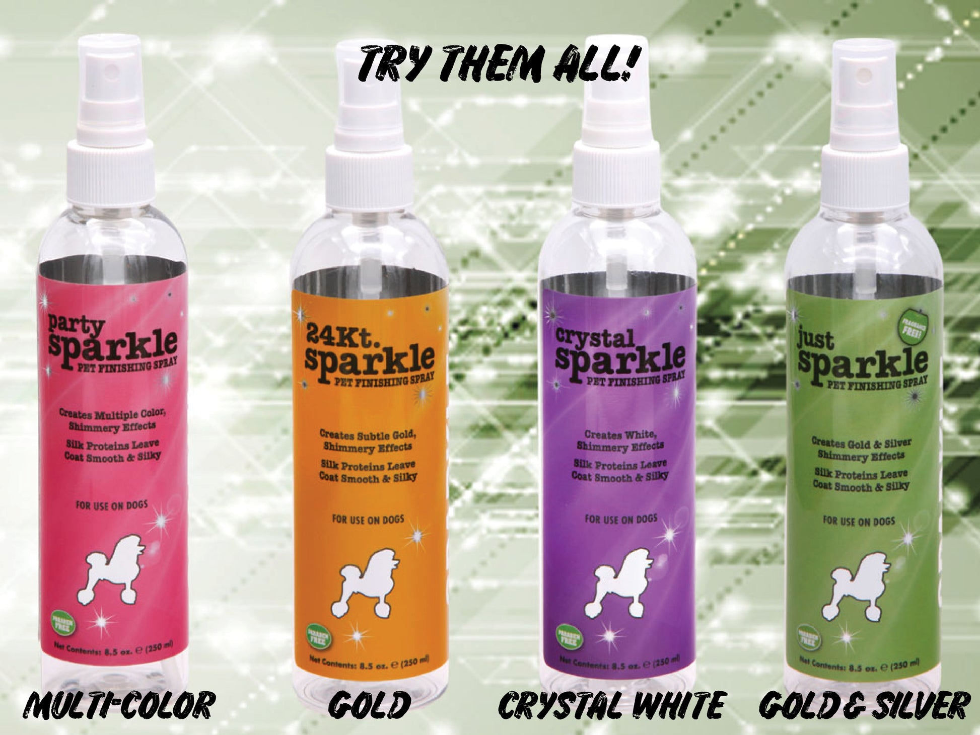 4 bottles of Pet Finishing Spray, Multi-color, Gold, Crystal White, and Gold and Silver