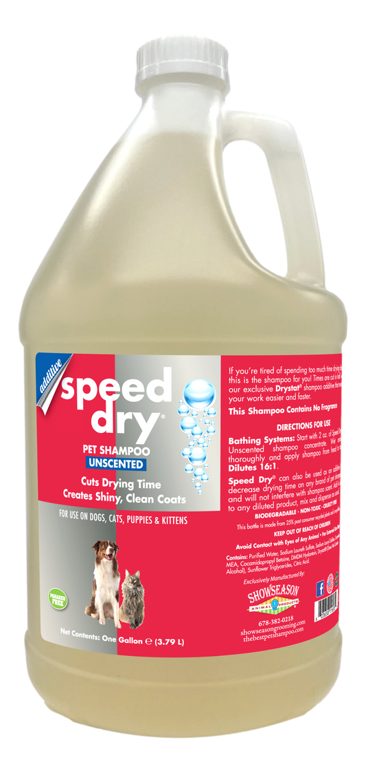 Unscented Speed Dry Pet Shampoo in 1 gallon bottle.
