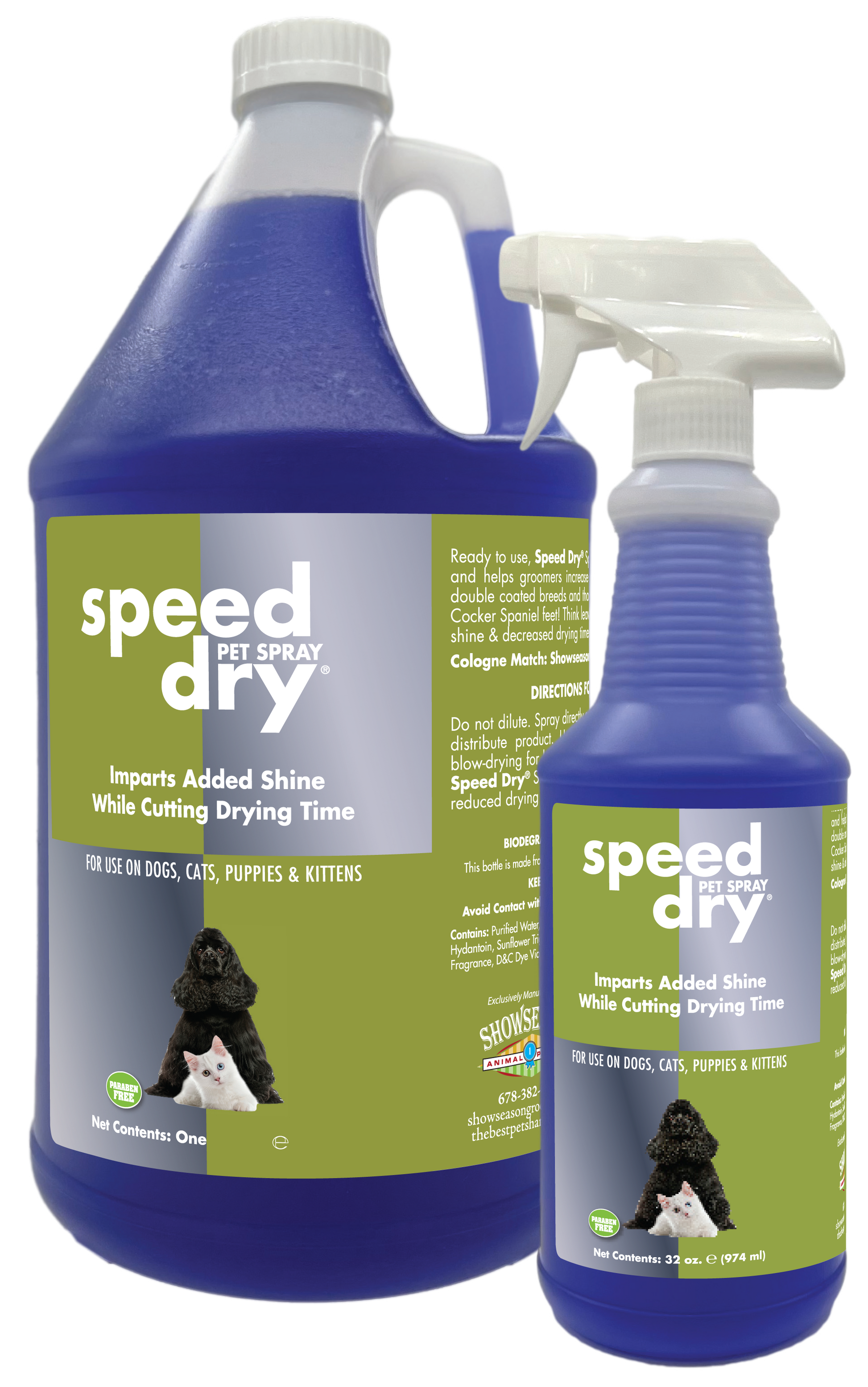 Showseason Speed Dry Pet Spray in 1 gallon and 32 ounce spray bottle.