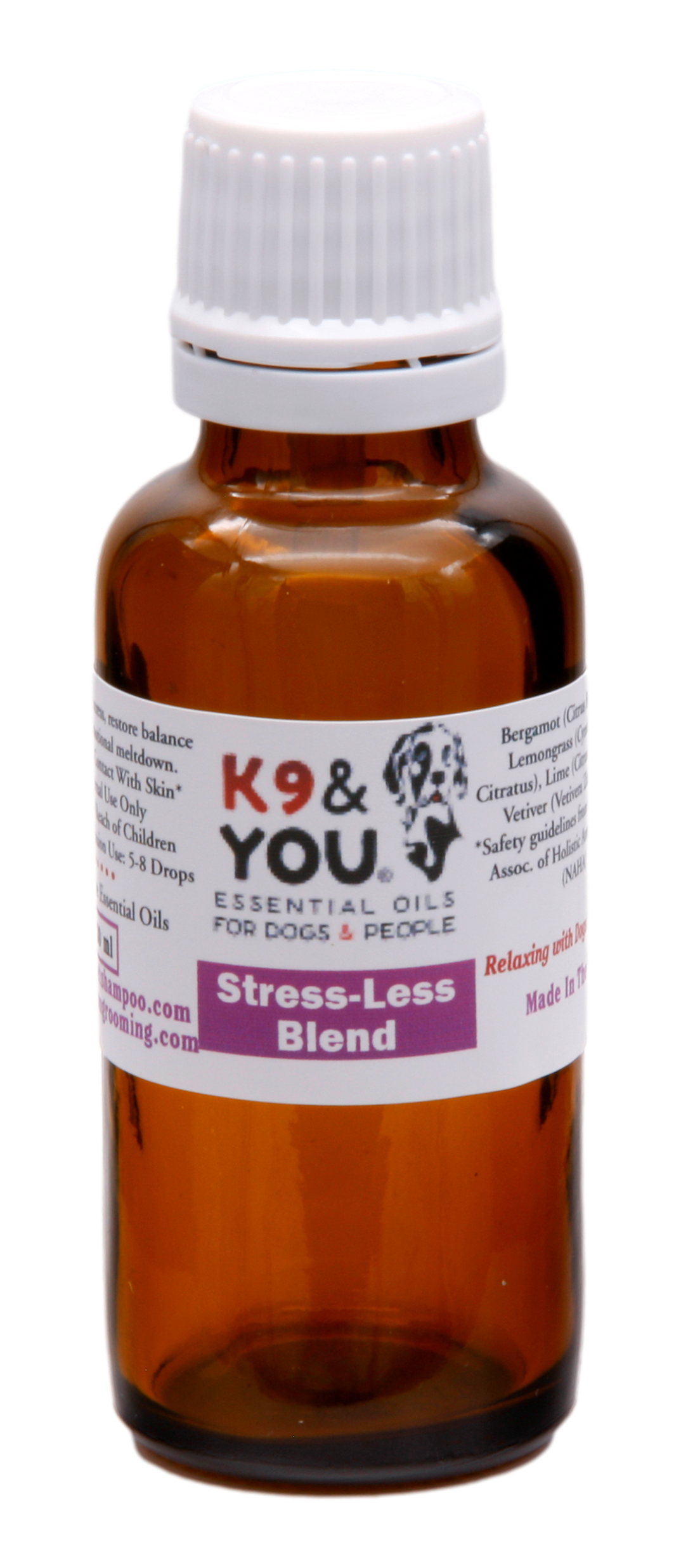 K9 and You Stress-Less Blend in a brown bottle