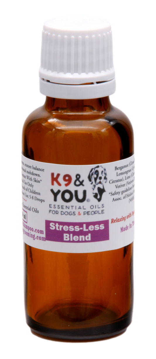 K9 and You Stress-Less Blend in a brown bottle