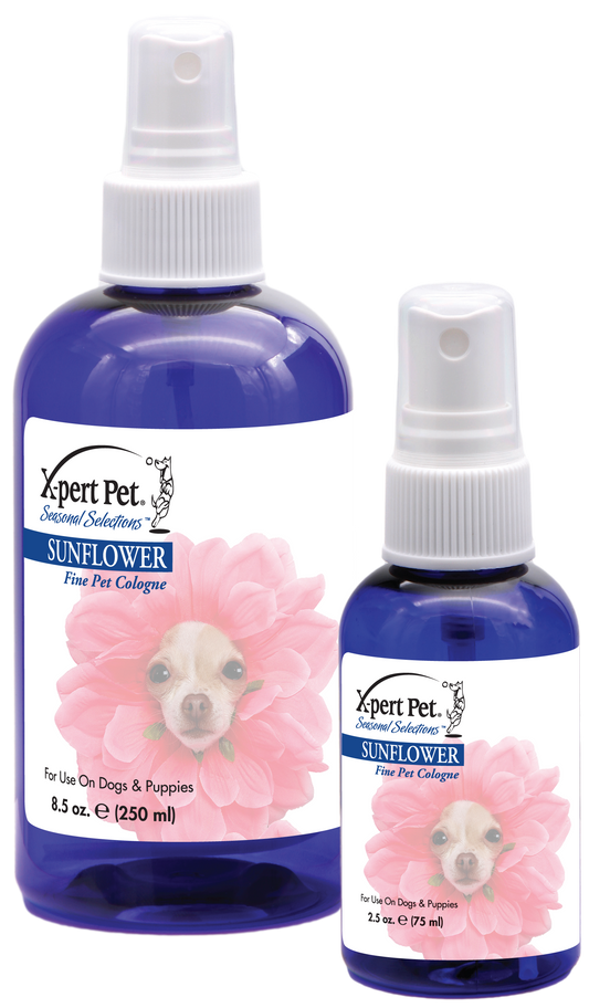 X-Pert Pet Seasonal Selections Sunflower Scent Fine Pet Cologne in two spray sized bottles, 8.5 oz and 2.5 oz.