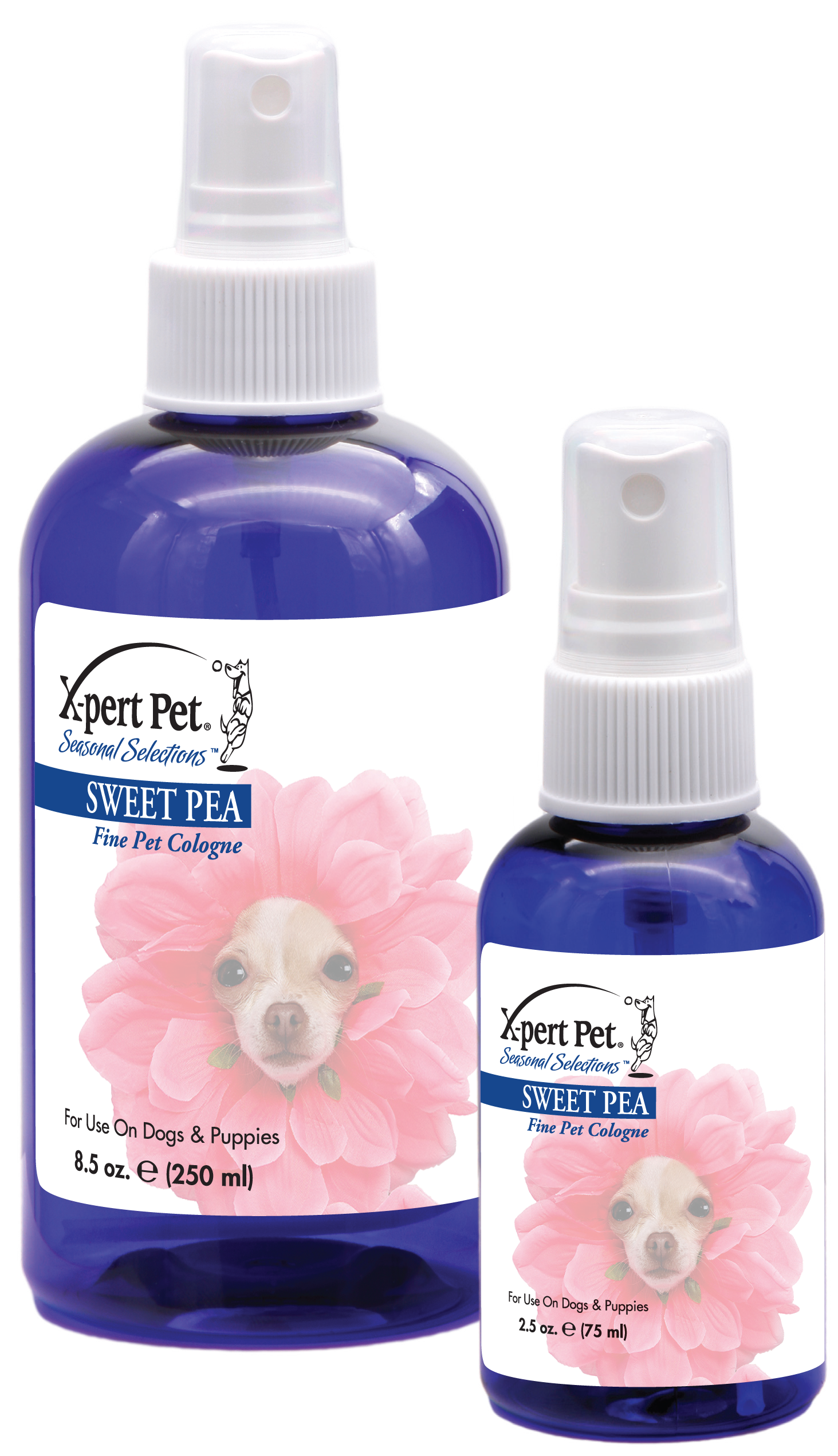 X-Pert Pet Seasonal Selections Sweet Pea Scent Fine Pet Cologne in two spray sized bottles, 8.5 oz and 2.5 oz.