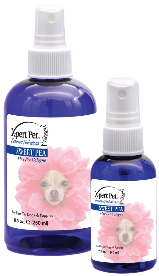 X-Pert Pet Seasonal Selections Sweet Pea Scent Fine Pet Cologne in two spray sized bottles, 8.5 oz and 2.5 oz.