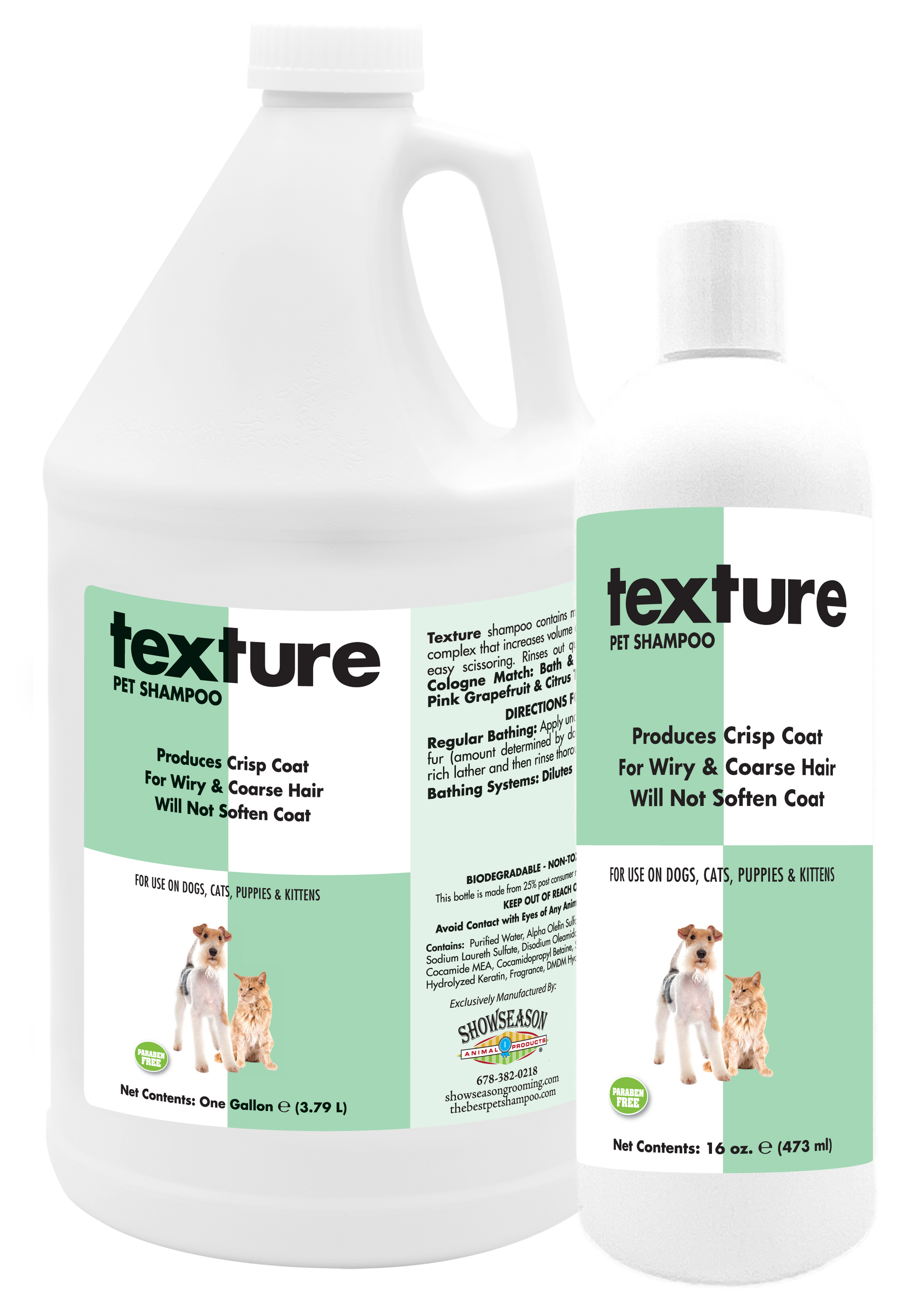 Texture Pet Shampoo in two bottles, sizes 1 gallon and 16 ounces. 