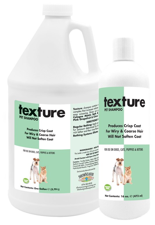 Texture Pet Shampoo in two bottles, sizes 1 gallon and 16 ounces. 