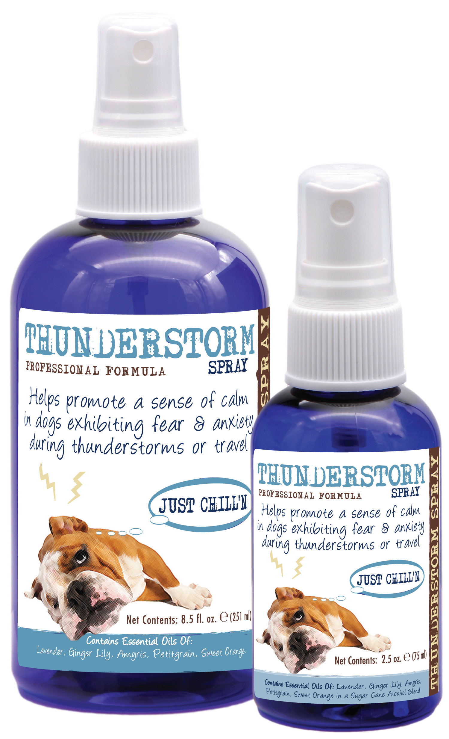 Thunderstorm Calming Spray in two spray bottles, sizes 8.5 oz and 2.5 oz bottle. 