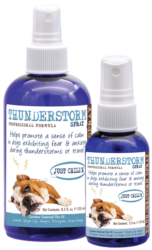 Thunderstorm Calming Spray in two spray bottles, sizes 8.5 oz and 2.5 oz bottle. 
