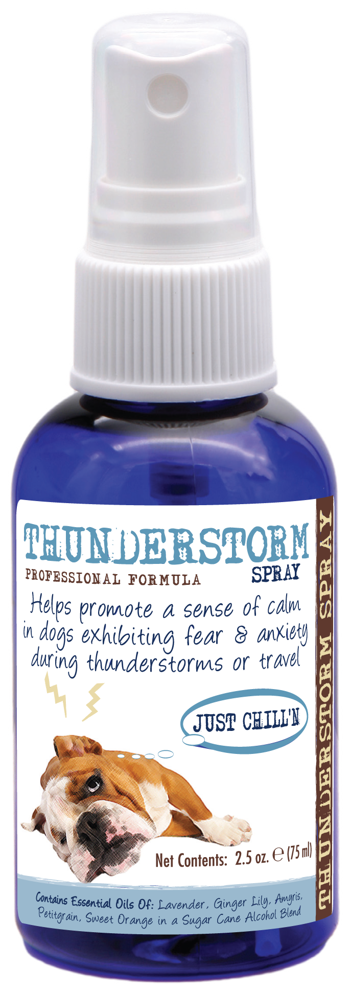 Thunderstorm Calming Spray in 2.5 ounce spray bottle. 