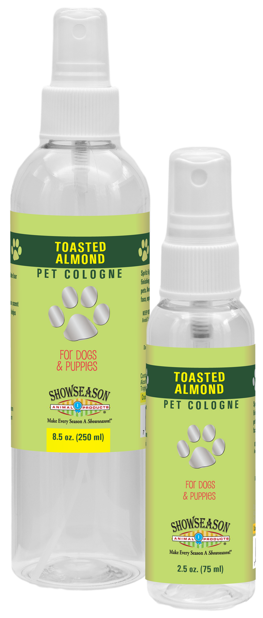Showseason Toasted Almond Pet Cologne in two sized spray bottles, 8.5 oz and 2.5 oz.