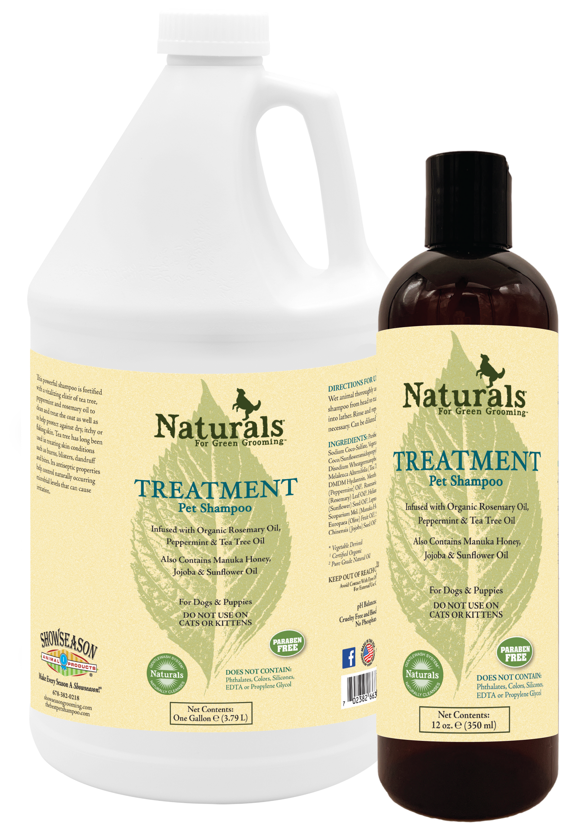 Naturals for Green Grooming Treatment Pet Shampoo in two sizes, 1 gallon and 12 ounces. 
