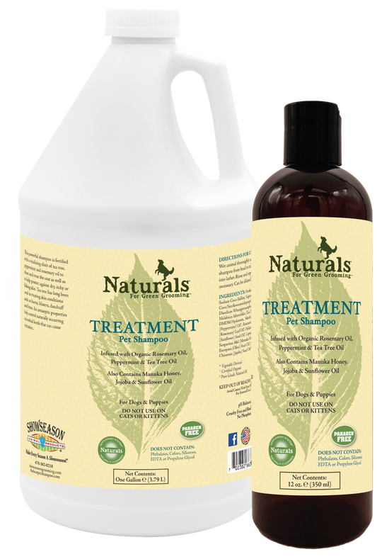 Naturals for Green Grooming Treatment Pet Shampoo in two sizes, 1 gallon and 12 ounces. 