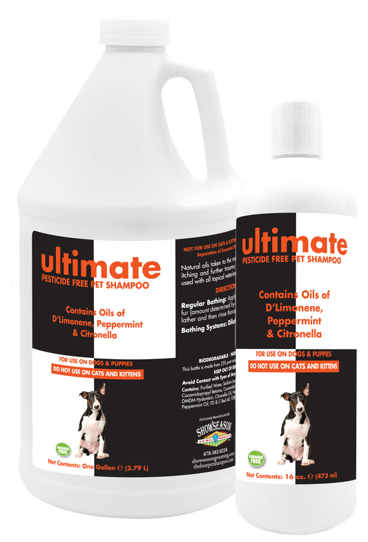 Ultimate Pesticide Pet Shampoo in 1 gallon and 16 oz bottles. 