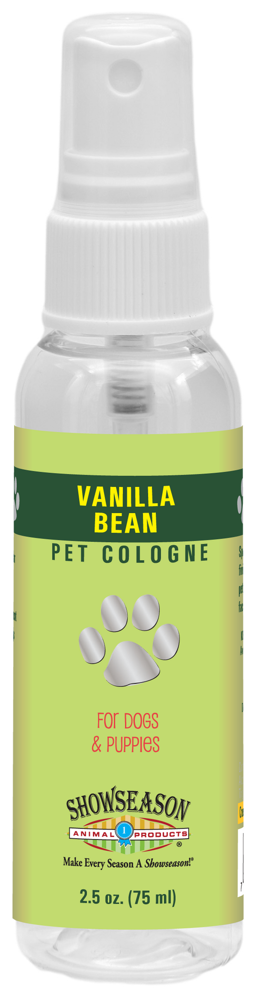 Showseason Vanilla Bean Pet Cologne in 2.5 oz spray bottle.