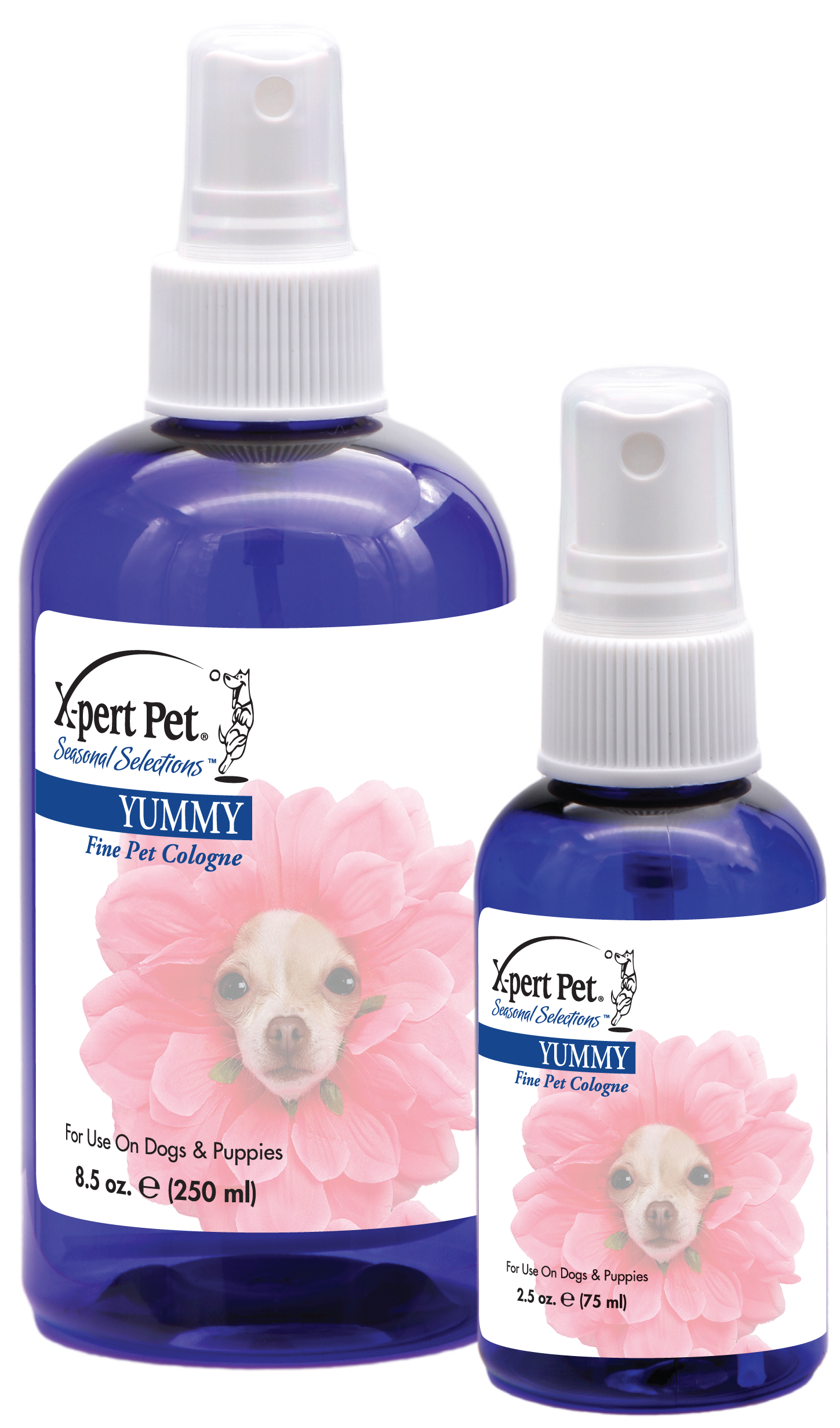 Two bottles of X-Pert Pet Yummy Pet Cologne for dogs, in sizes 2.5 oz. and 8.5oz