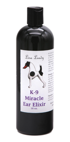 K-9 Miracle Ear Elixir with product information in 16 ounce bottle. 
