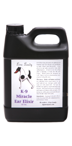 K-9 Miracle Ear Elixir with product information in 32 ounce bottle. 